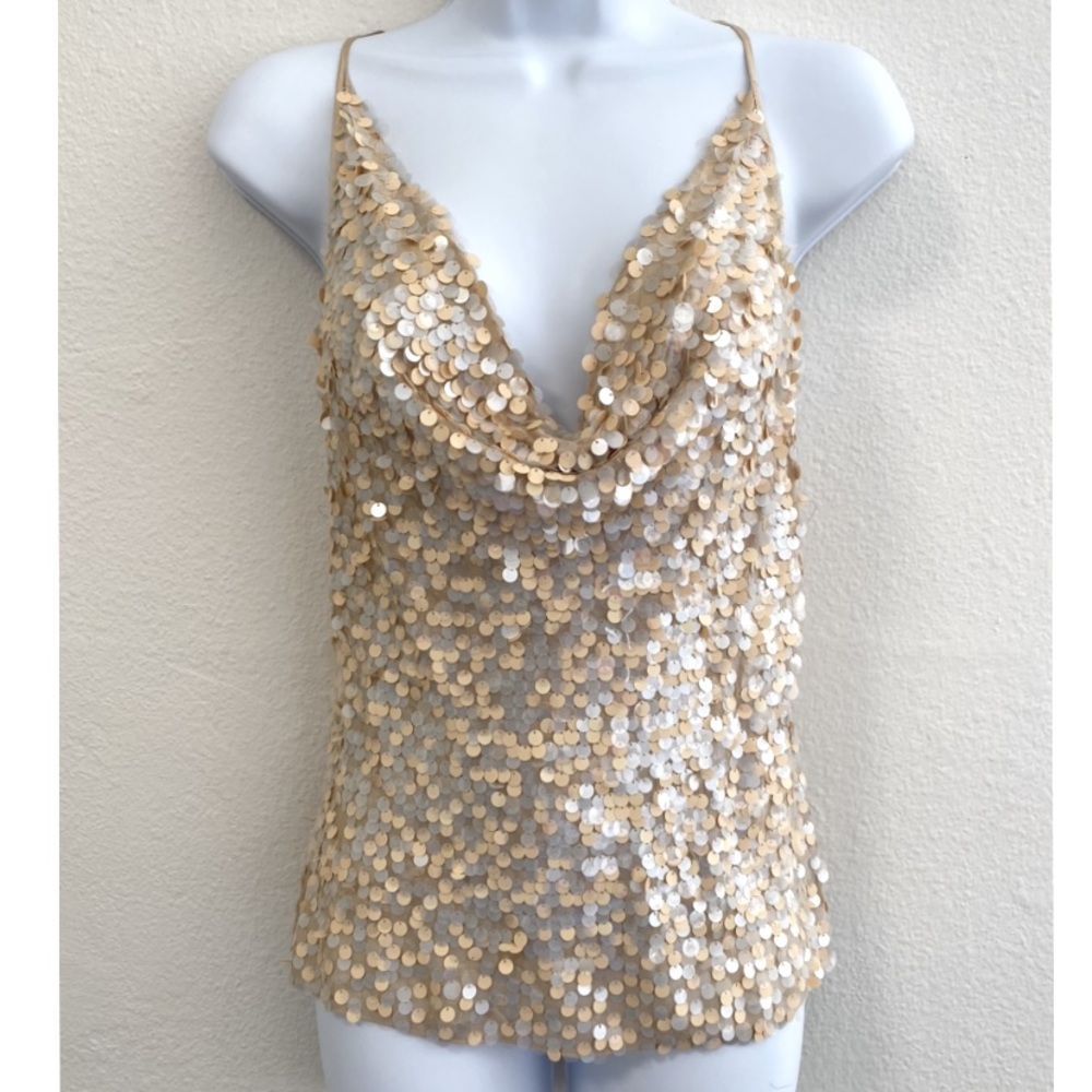 Saks 5th Avenue sexy gold silk and sequins top. Size Small.